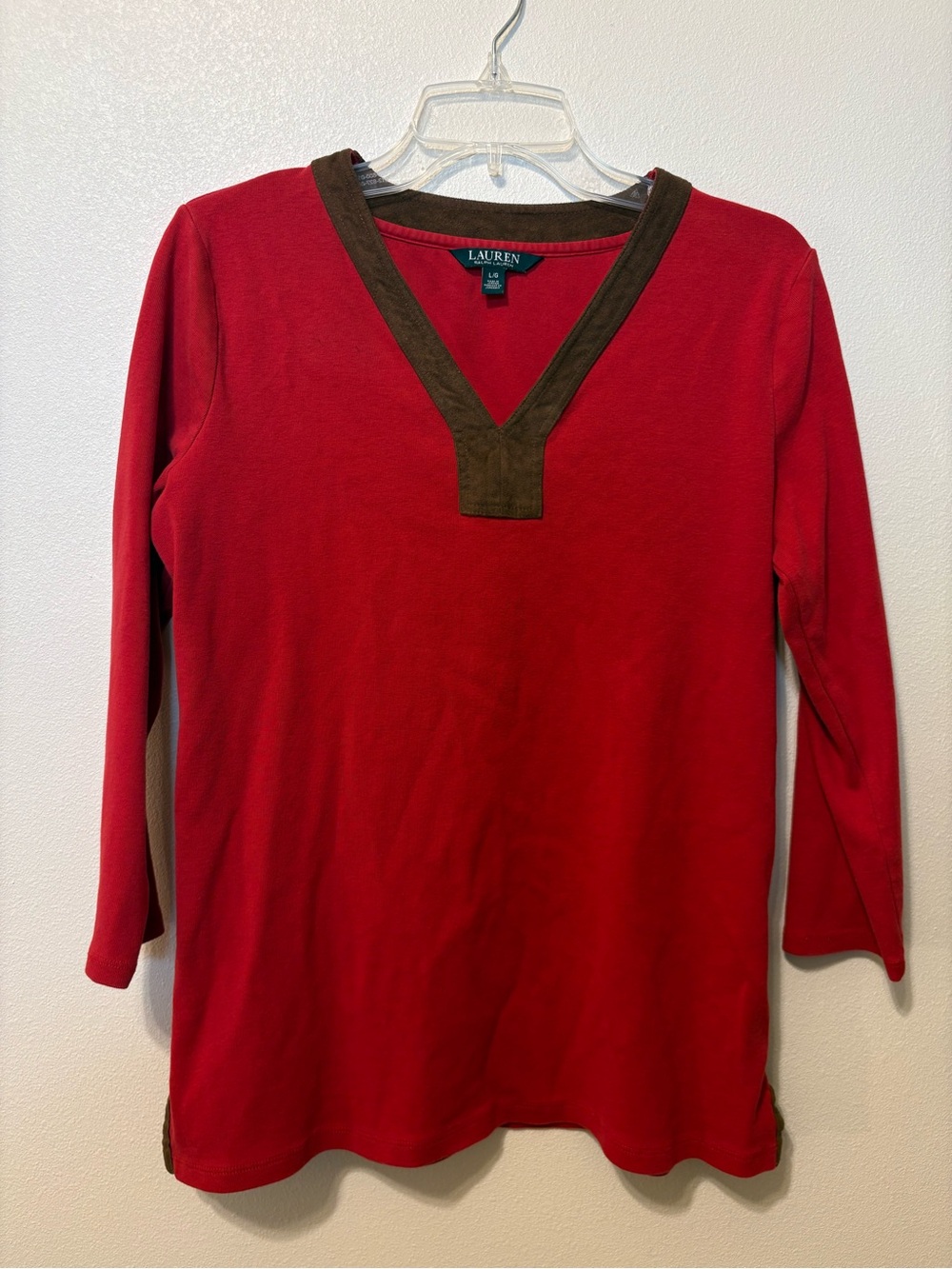 Ralph Lauren Red Long Sleeve V-Neck Top with Brown Trim